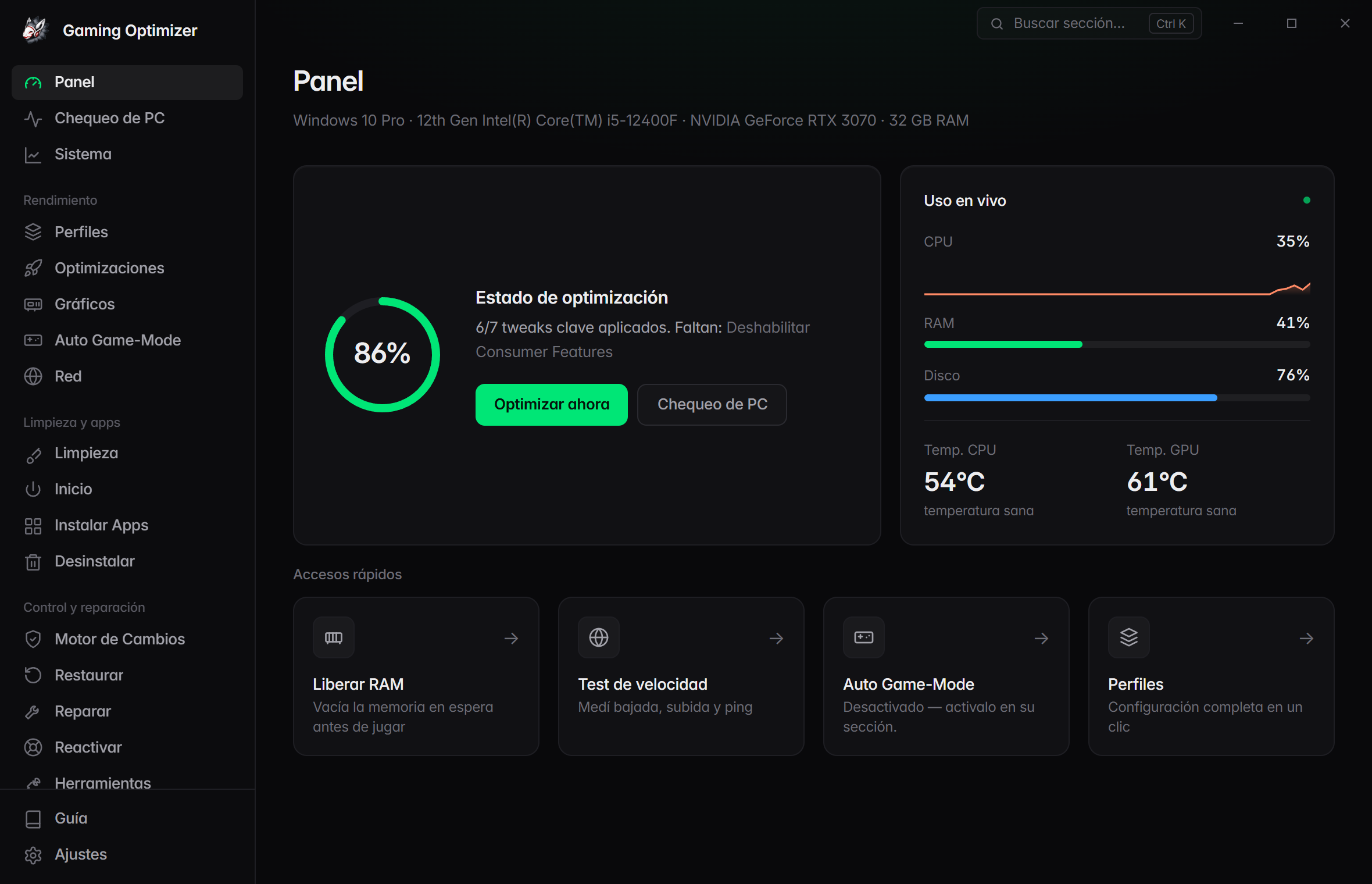 Panel de Gaming Optimizer